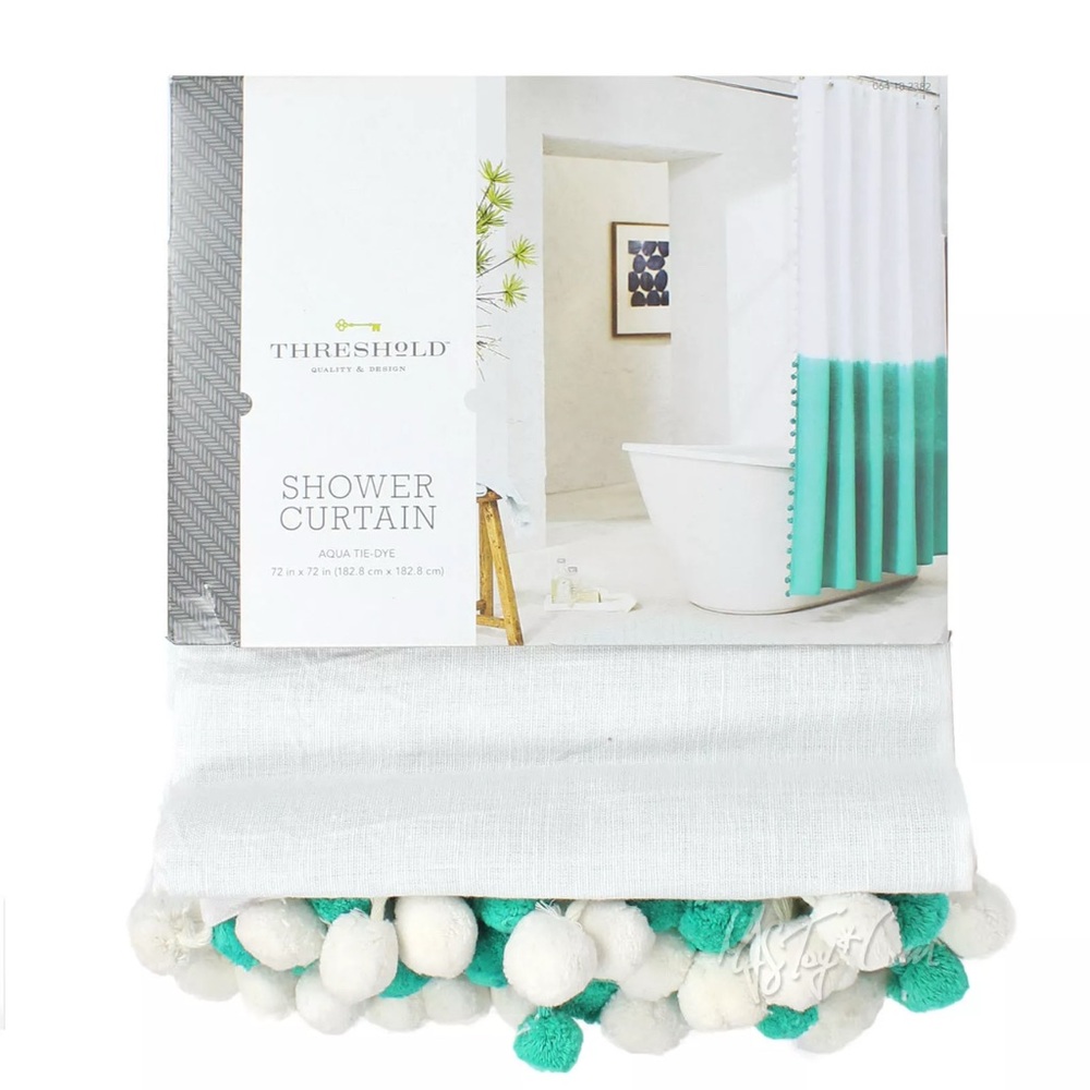 Threshold Aqua-White Cotton-Linen Tie Dye Pom Pom 72x72" Shower Curtain💎